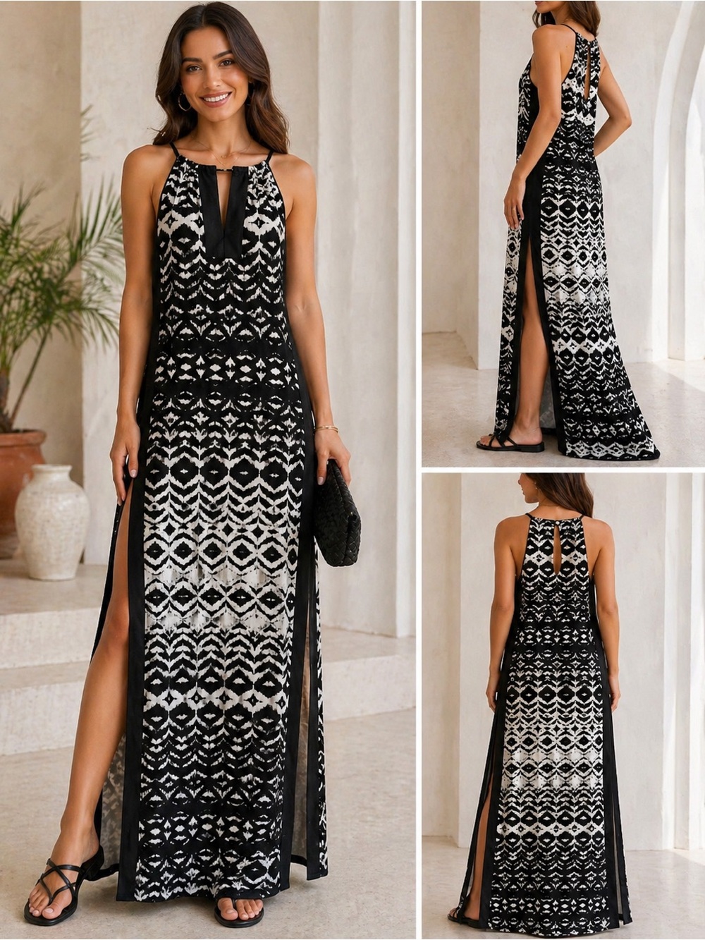Maggy London Black and White Geo Print Maxi Dress